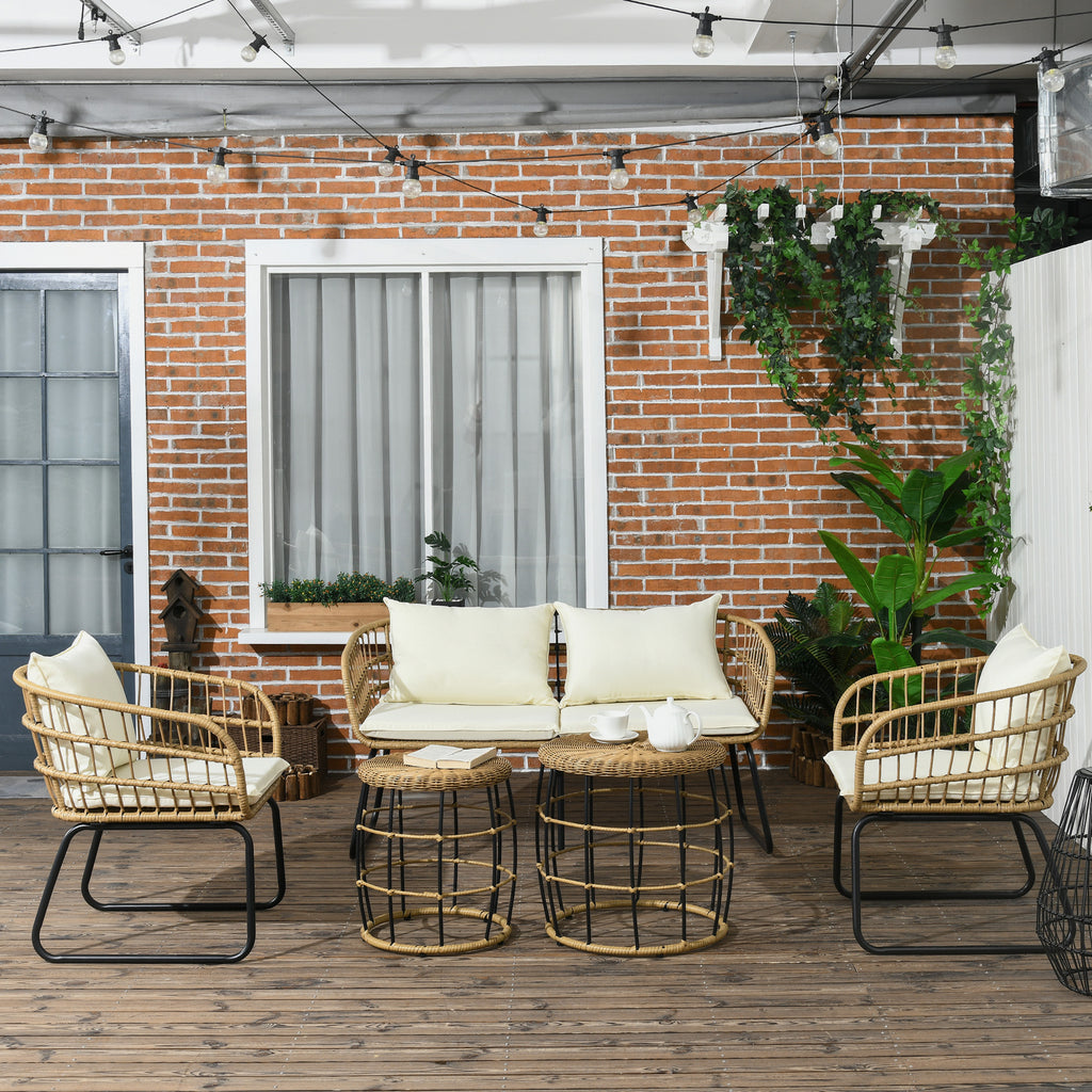 Solarias Ensemble salon de jardin meubles d'extérieur 4 places 2 fauteuils 1 canapé 2 places et 2 tables basses coussins inc