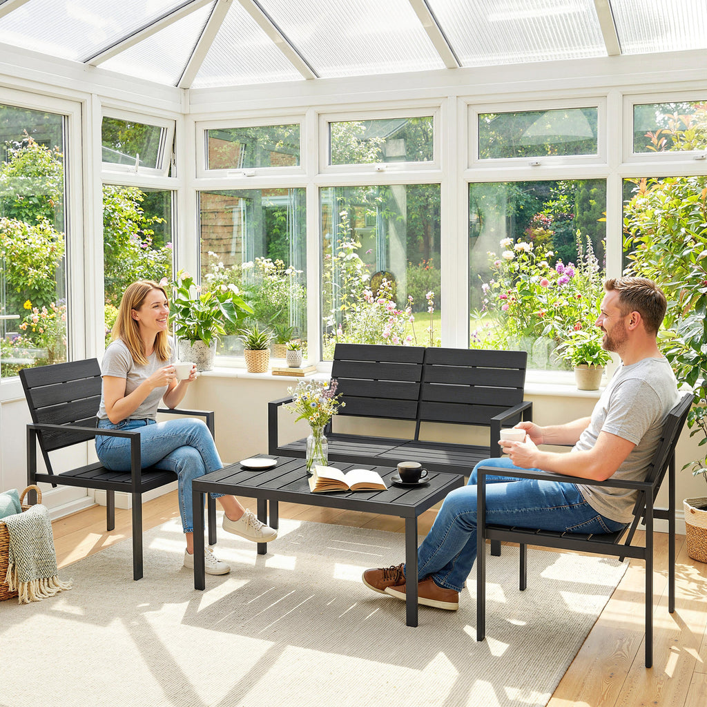 Solarias Salon de jardin extérieur 4 pièces canapé 2 places, 2 chaises et table basse, mobilier de jardin terrasse veranda, 