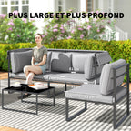 Solarias Salon de jardin extérieur 4 pièces modulaire avec canapé, fauteuil et table basse en verre trempé, coussins inclus,