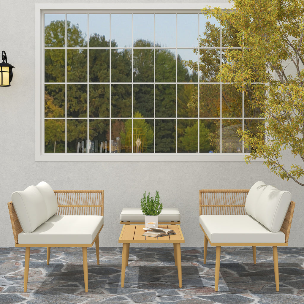 Solarias Salon de jardin extérieur en résine tressée 5 places modulable 2 canapés, pouf et table basse, coussins inclus, crè