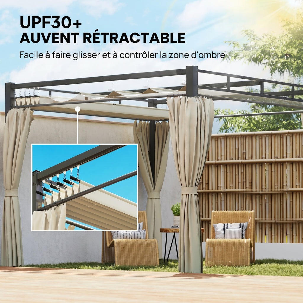Solarias Pergola de Jardin Tonnelle de Jardin Extérieur Toit Rétractable 4 Rideaux Protection UV30+3x3m Beige
