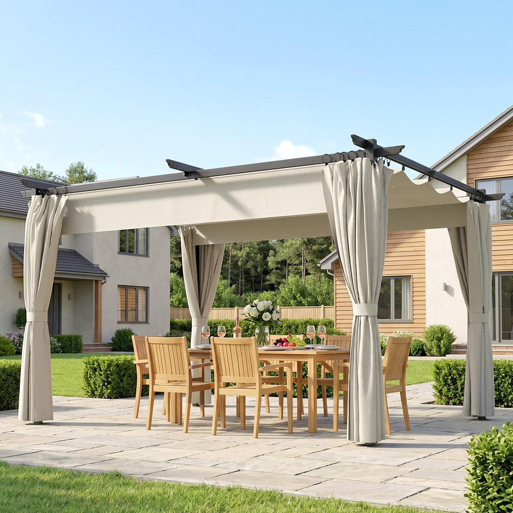 Solarias Pergola de jardin exterieur 3 x 4 m, toit rétractable et rideaux, anti-UV UPF30+, pour barbecue, patio, terrasse, c