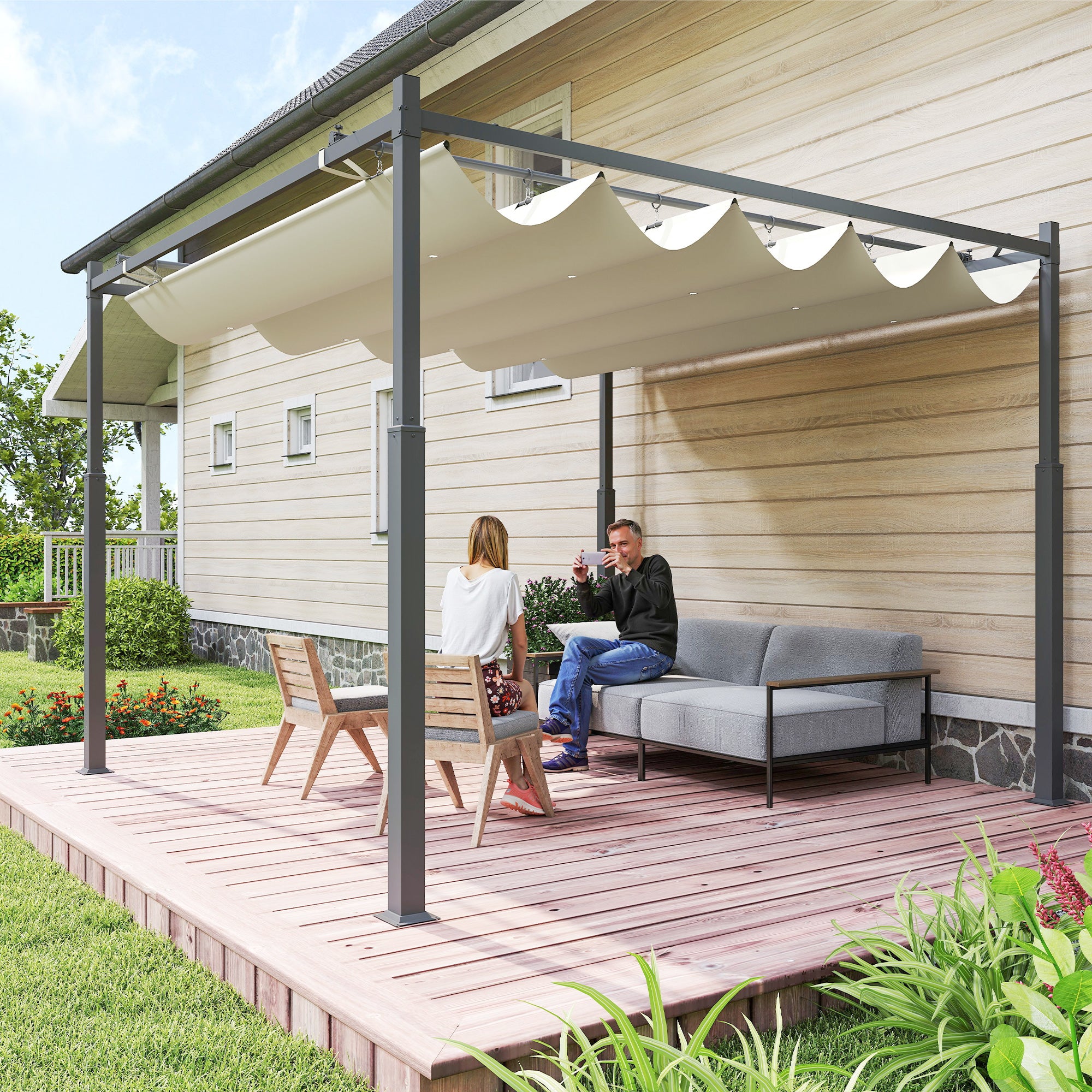 Solarias Pergola de jardin exterieur 3 x 3 m avec toit rétractable et fixation magnétique, abri soleil UPF30+, crème