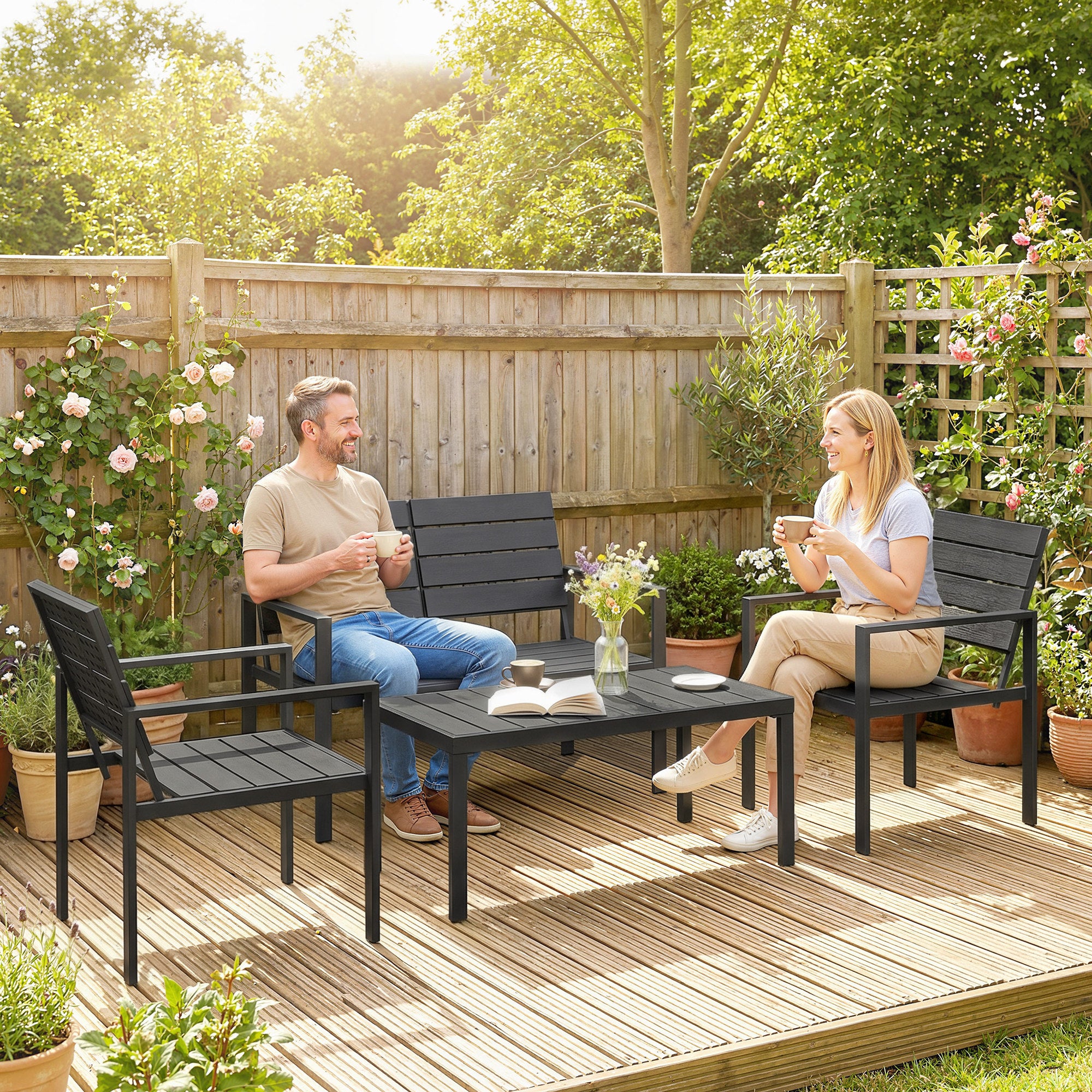 Solarias Salon de jardin extérieur 4 pièces canapé 2 places, 2 chaises et table basse, mobilier de jardin terrasse veranda, 