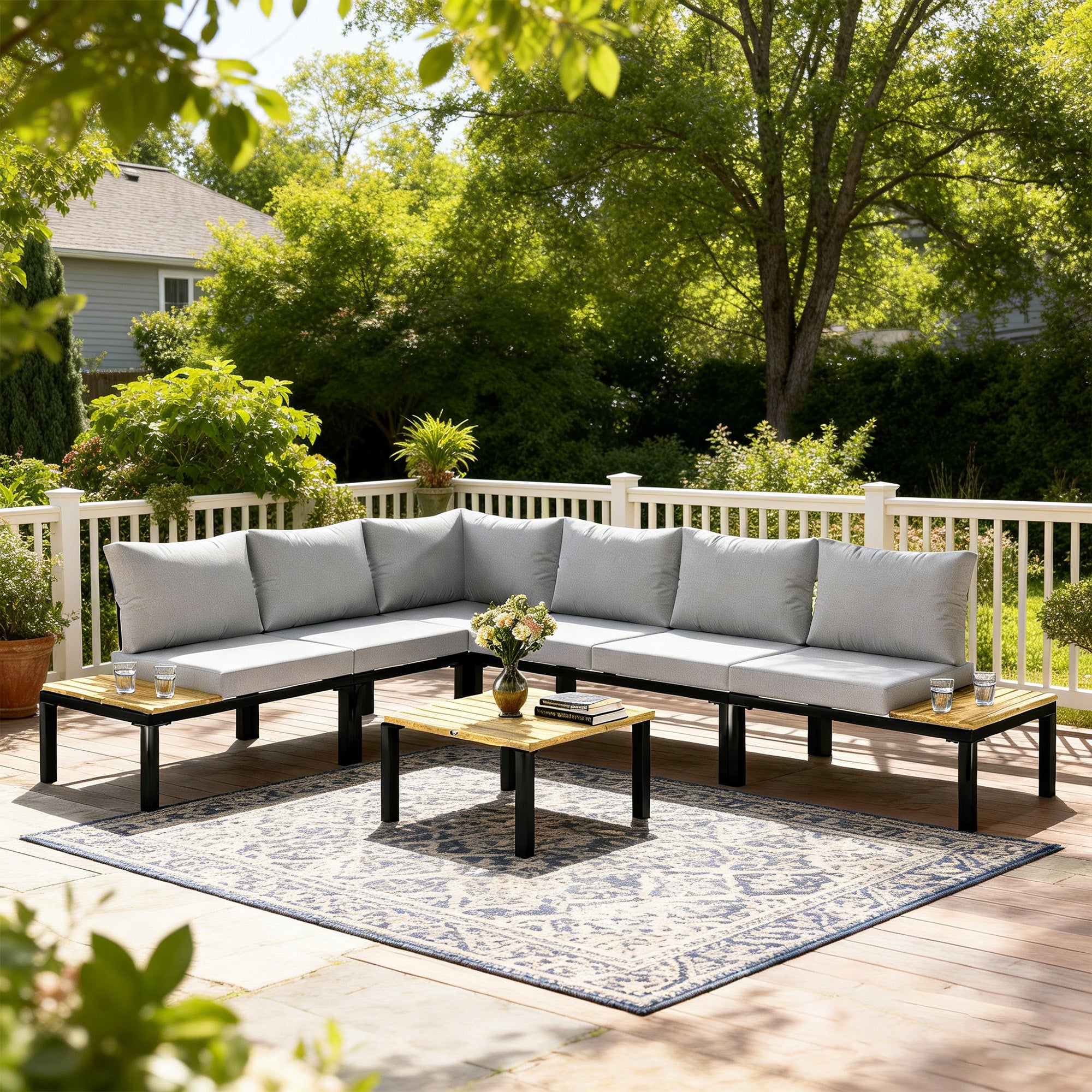Solarias Salon de Jardin Modulaire 6 Pièces Ensemble Canapé Extérieur Transformable en Lit Table Basse et Plateaux Latéraux 