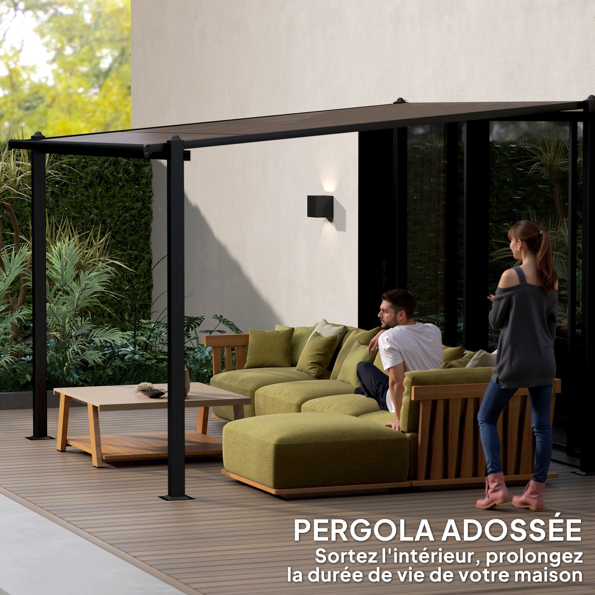 Solarias Pergola jardin extérieur en aluminium 3 x 3 m avec toit en polycarbonate imperméable et système de drainage, gris