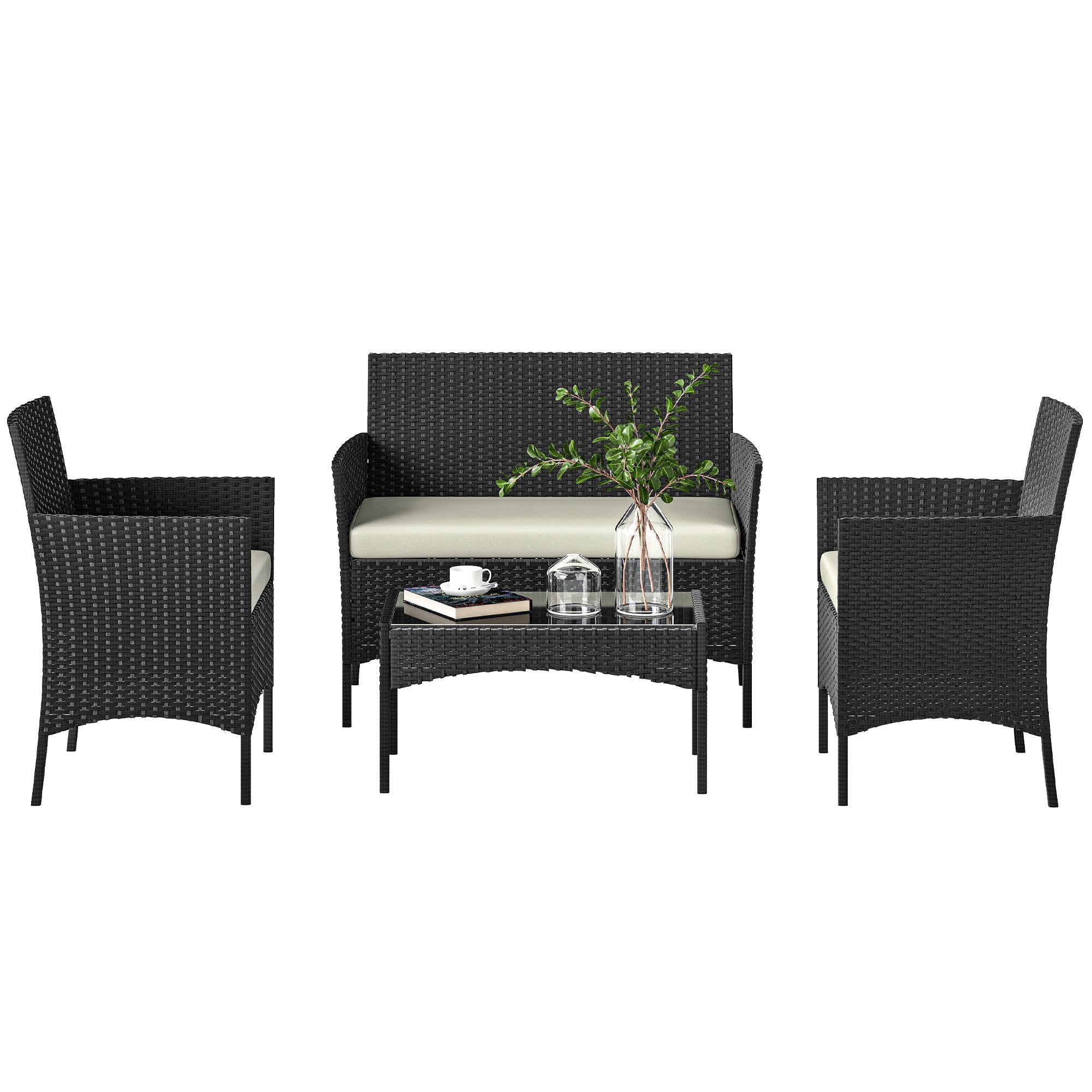 Solarias Ensemble mobilier de jardin en rotin synthétique avec canapé, fauteuils et table en verre trempé et coussins Noir e