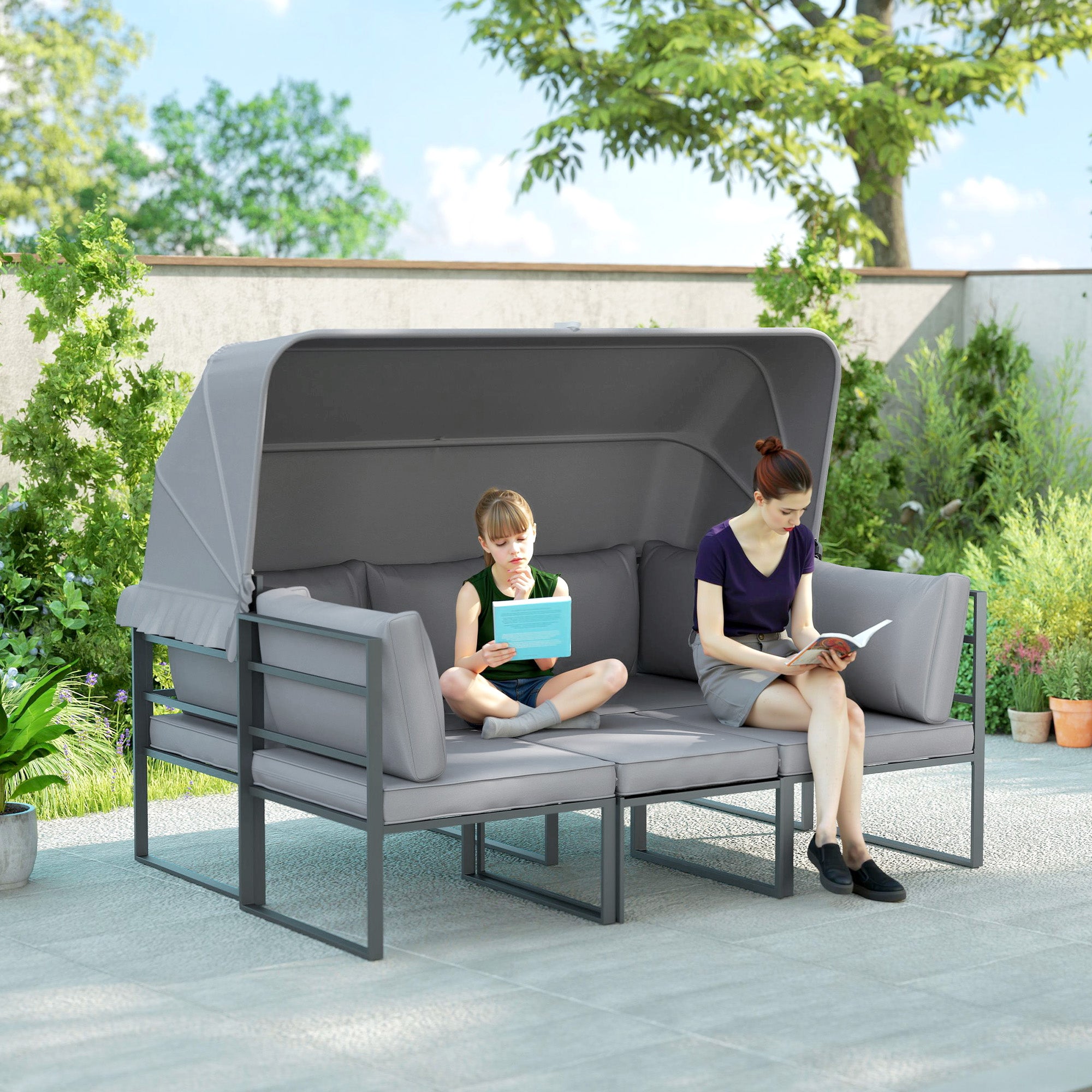 Solarias Salon de jardin extérieur 4 pièces modulaire avec canapé, fauteuil et table basse en verre trempé, coussins inclus,
