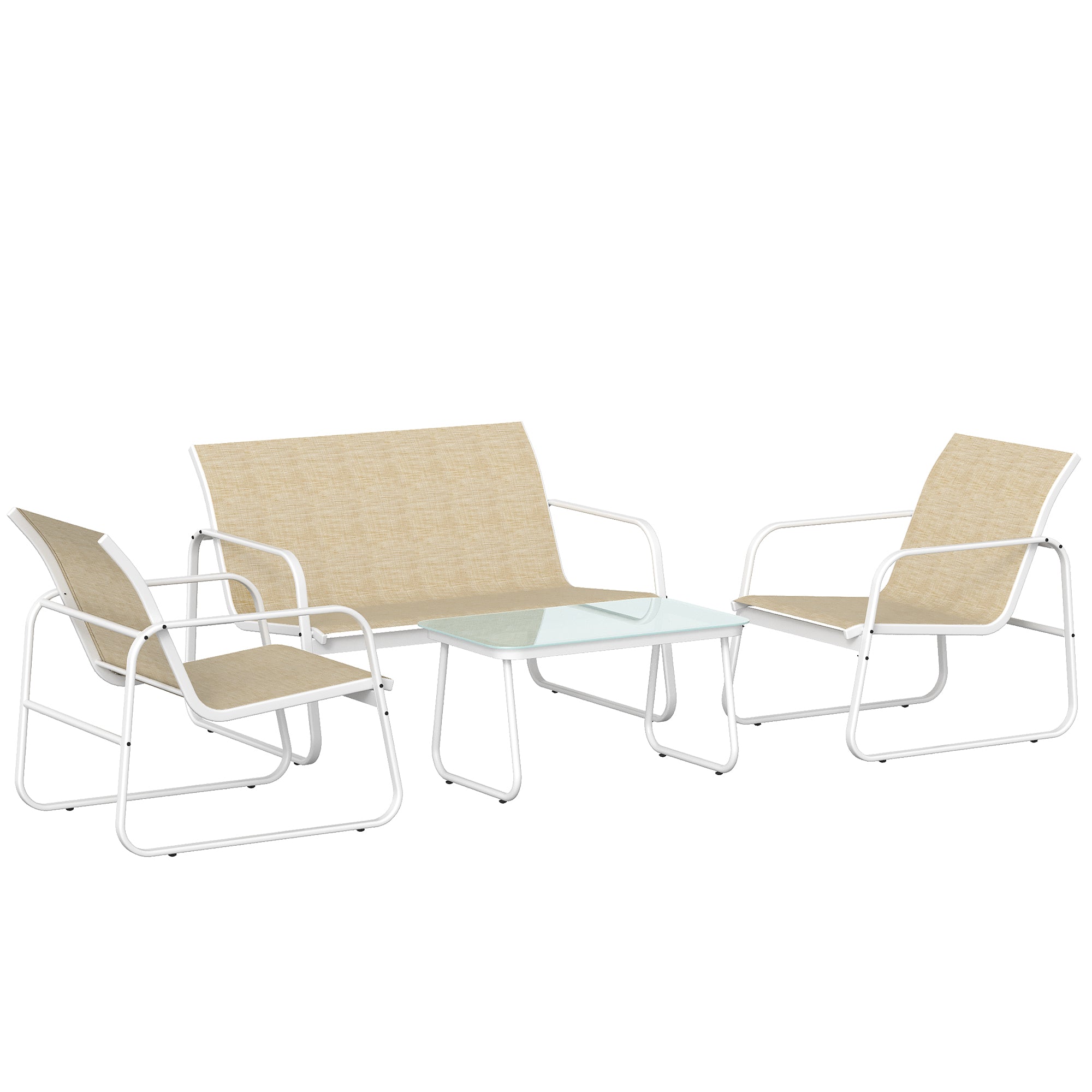 Solarias Salon de Jardin 4 Pièces avec Canapé 2 Places, 2 Fauteuils et Table, en Acier Textilène Verre Trempé, 112x73x74 cm,