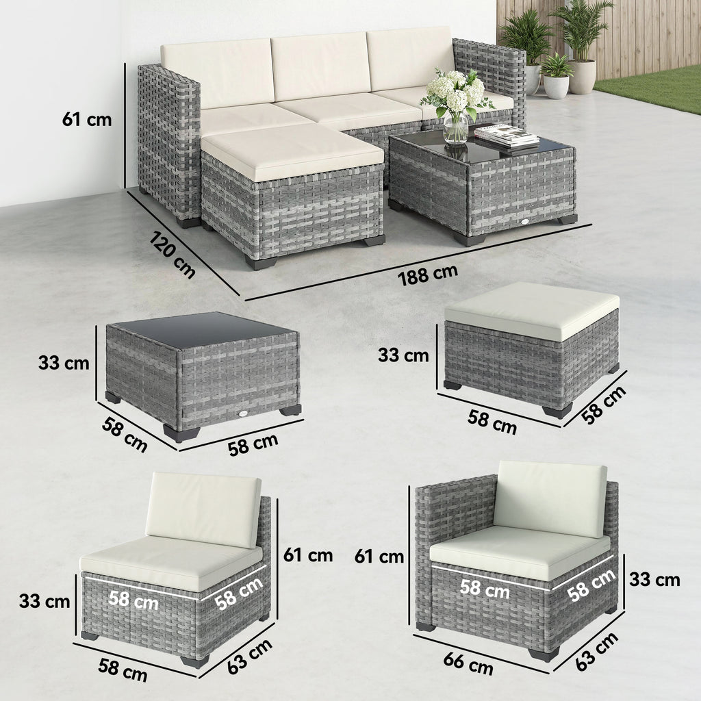 Solarias Ensemble de jardin Polyrattan 5 pièces, set lounge avec canapé d'angle, pouf, table, coussins d'assise et de dossie