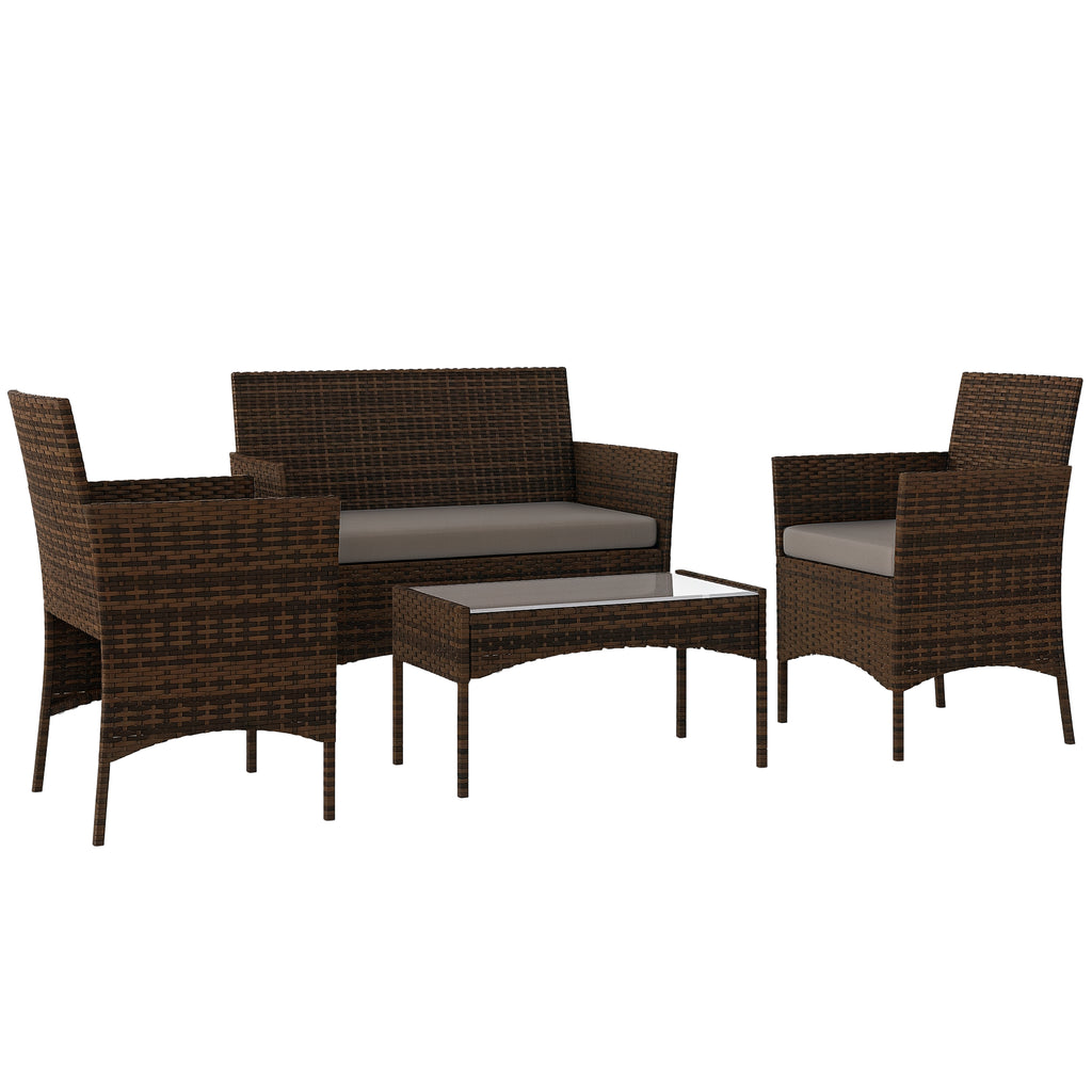 Solarias Ensemble de meubles de jardin en rotin synthétique avec canapé, fauteuils et table en verre trempé et coussins marr