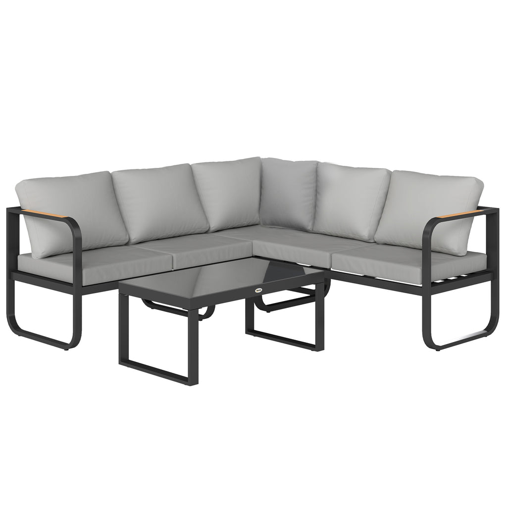 Solarias Salon de jardin extérieur 3 pièces en L avec canapés et table basse en verre, assise réglable 5 positions, gris