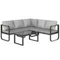 Solarias Salon de jardin extérieur 3 pièces en L avec canapés et table basse en verre, assise réglable 5 positions, gris