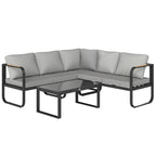 Solarias Salon de jardin extérieur 3 pièces en L avec canapés et table basse en verre, assise réglable 5 positions, gris