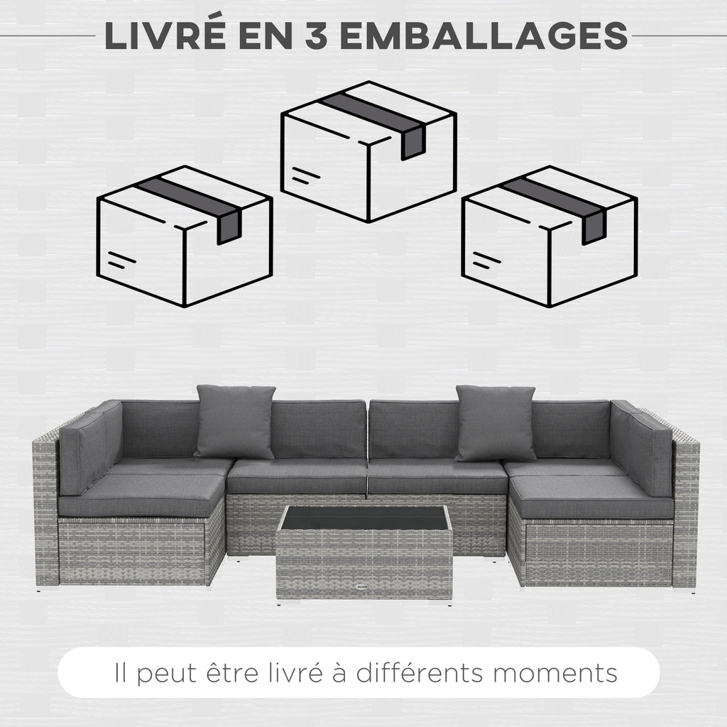 Solarias Ensemble salon de jardin 7 pièces modulables table basse plateau verre trempé coussins déhoussables inclus gris