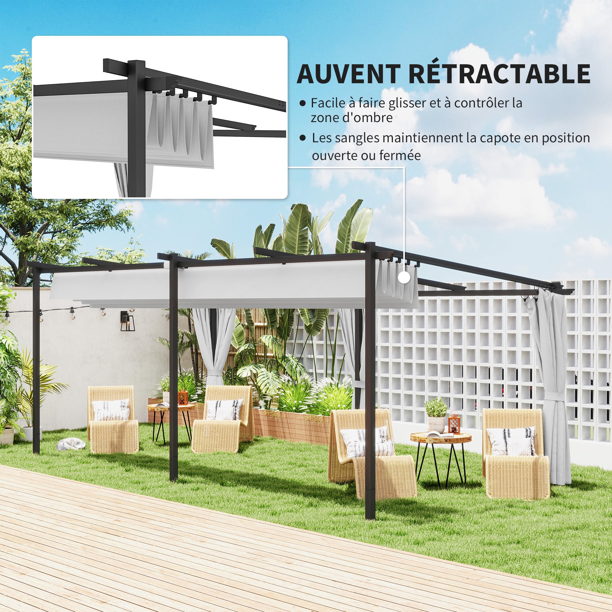 Solarias Pergola jardin exterieur 3 x 6 m pergola coulissante rétractable avec parois latérales, abri soleil UPF30+, gris