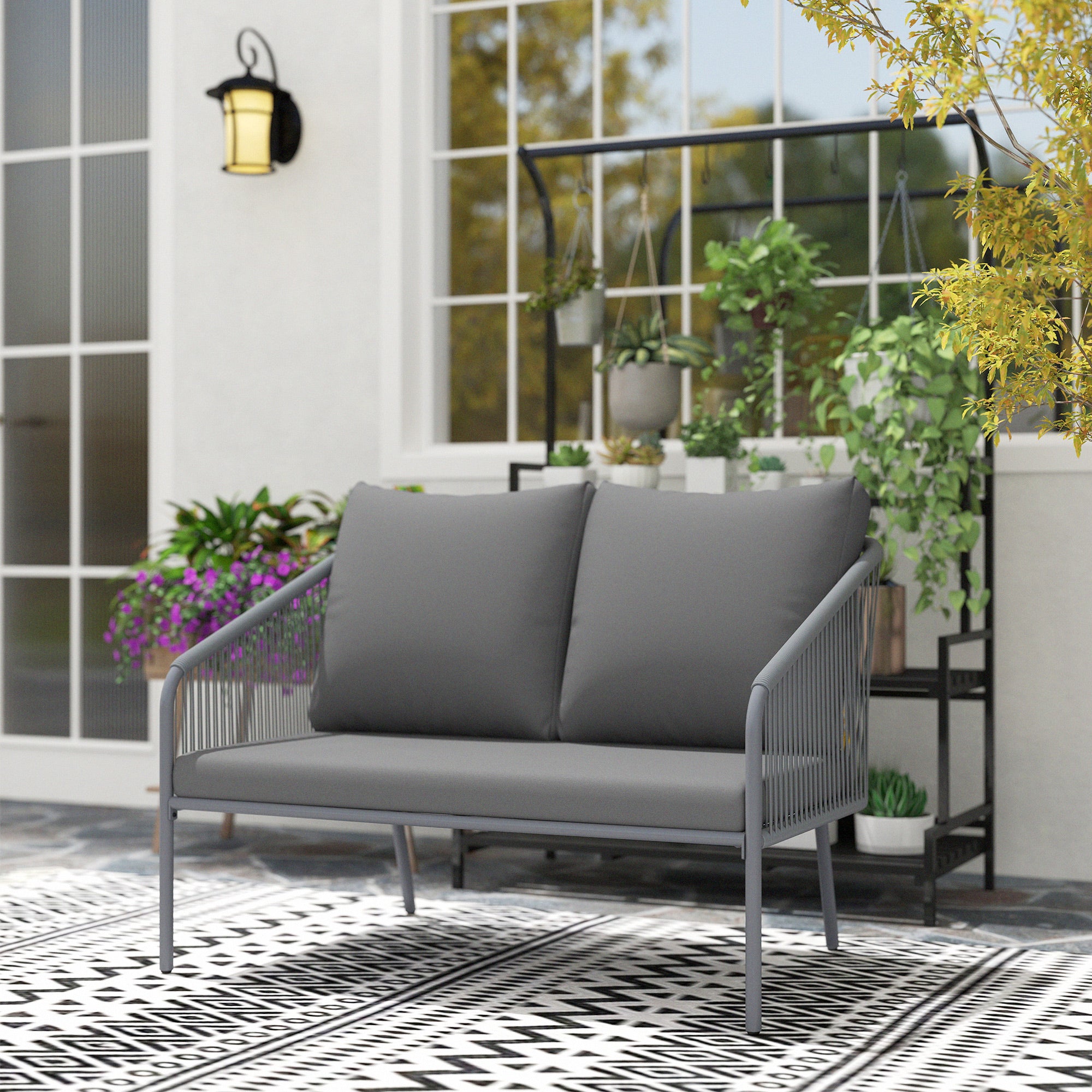 Solarias Canapé de jardin 2 places en résine tressée avec coussins canapé d'extérieur accoudoirs cadre en acier 112x72x76cm 