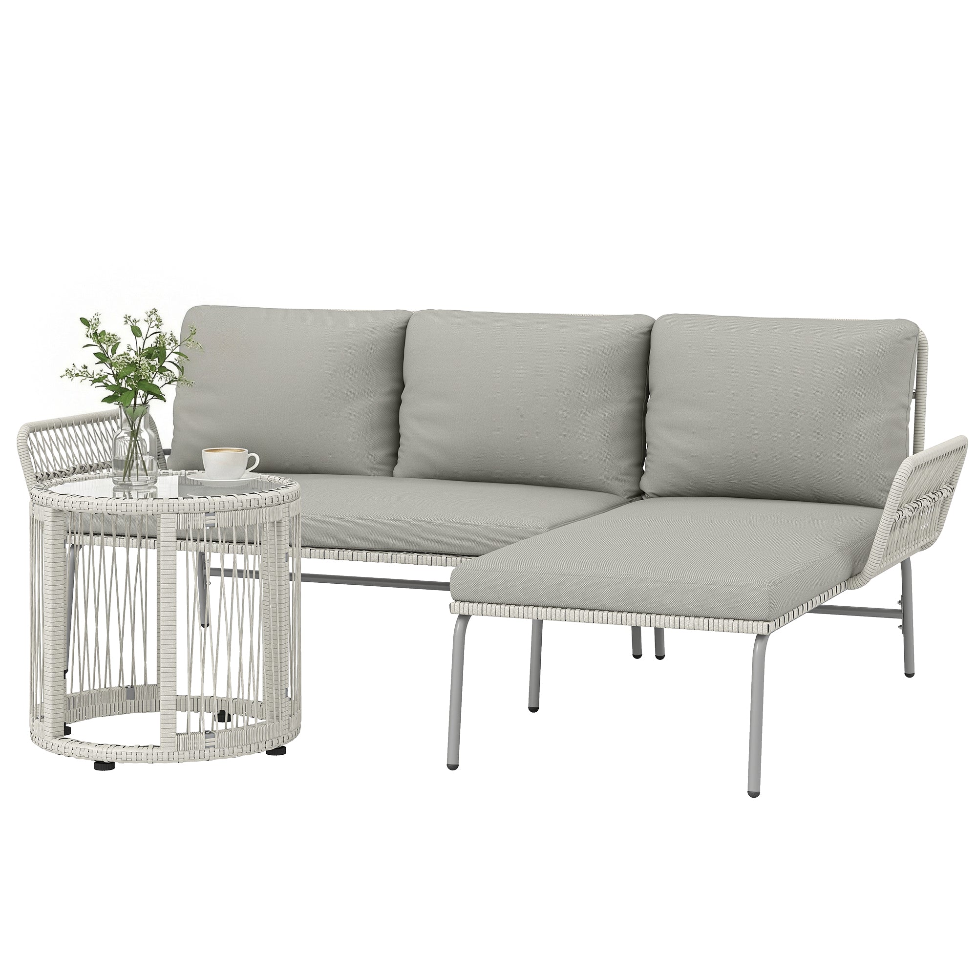 Solarias Polyrattan Set de meubles de jardin 3 pièces, salon avec chaiselongue canapé 2 places table en verre coussins amovi