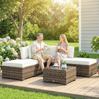Solarias Salon de jardin extérieur d'angle 5 places en résine tressée, canapés, repose-pieds, table basse et coussins, crème