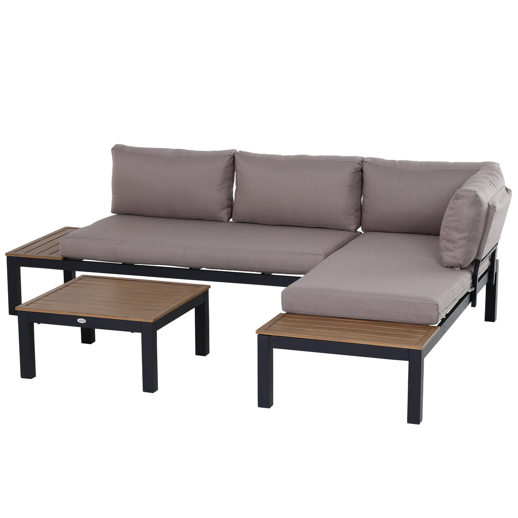 Solarias Ensemble Salon de Jardin d'angle Design Contemporain 5 Places Coussins Marron Table Basse alu. Noir et Imitation Bo
