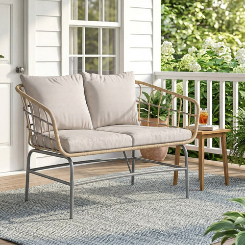 Solarias Canapé de Jardin 2 Places en Résine Tressée Coussins Épais Anti-glisse 120 x 67 x 79 cm Marron
