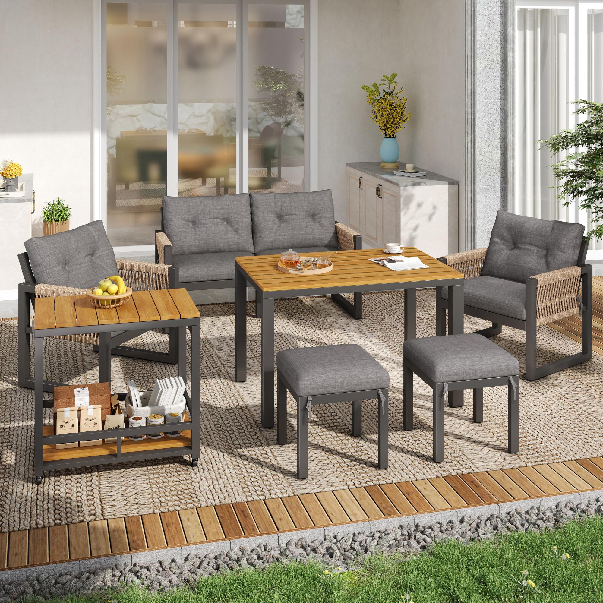 Solarias Ensemble canapé d'extérieur moderne, table amovible, accoudoirs tressés et coussins d'assise épais, Gris+Couleur na