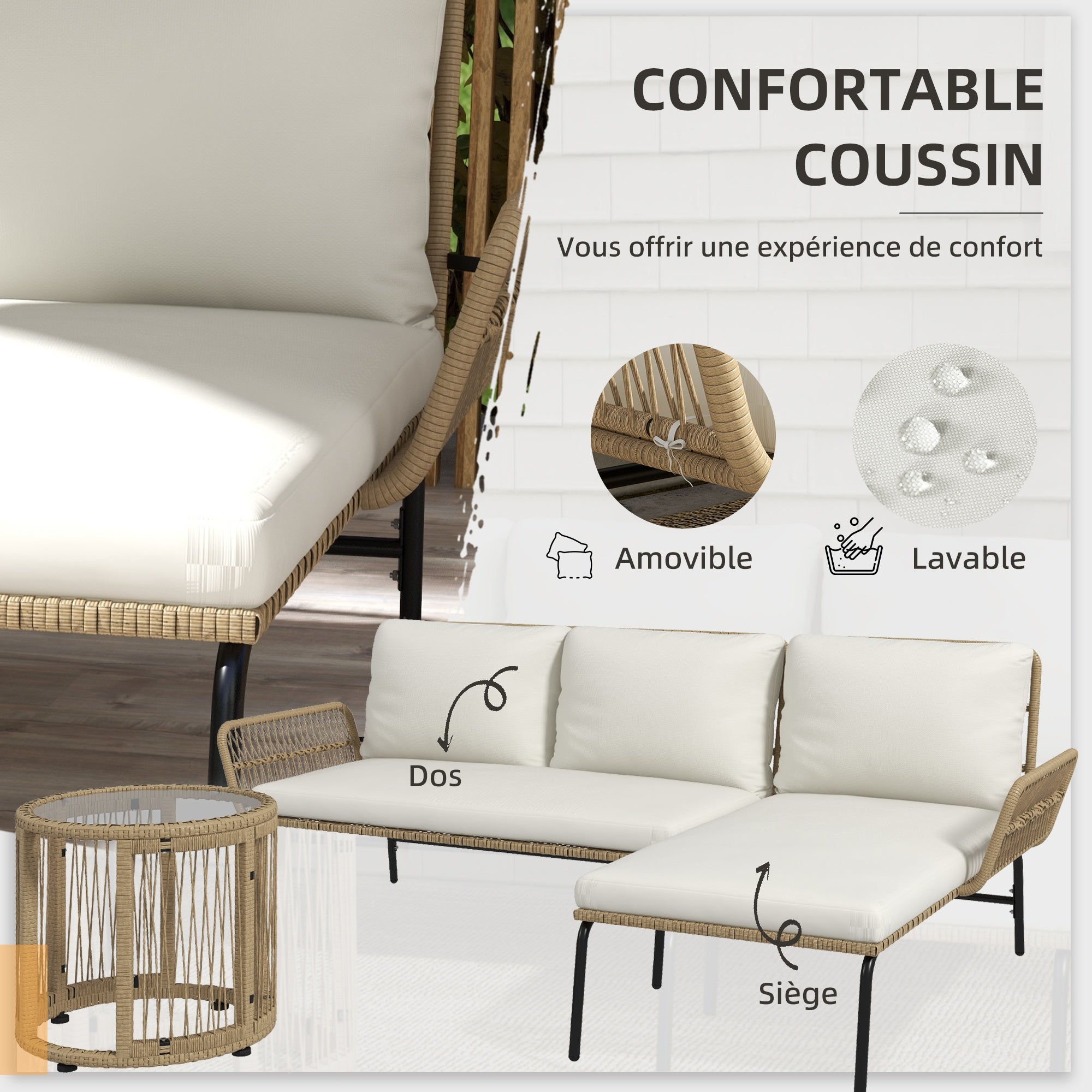 Solarias Salon de jardin extérieur d'angle 3 places en résine tressée avec canapés, chaise longue, table basse et coussins, 