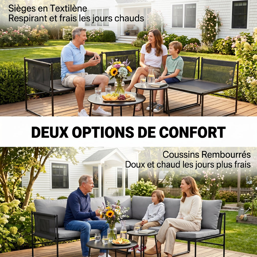 Solarias Salon de Jardin Extérieur 5 Pièces, 2 Canapés, 2 Tables, 1 Chaise, Pochette de Rangement, 182x167x65cm, Gris Foncé