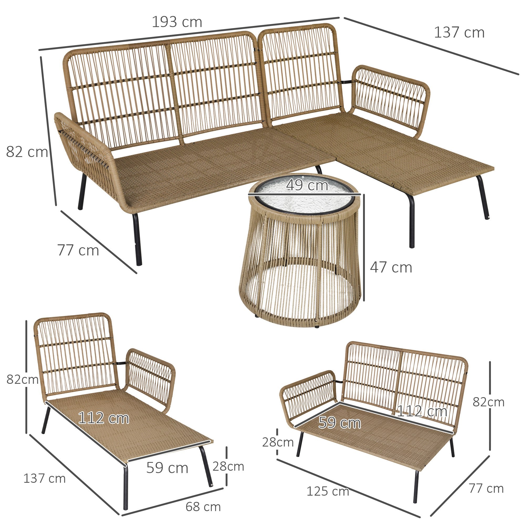 Solarias Salon de jardin extérieur d'angle moduable 4 places en résine tressée canapé de jardin extérieur avec table basse c
