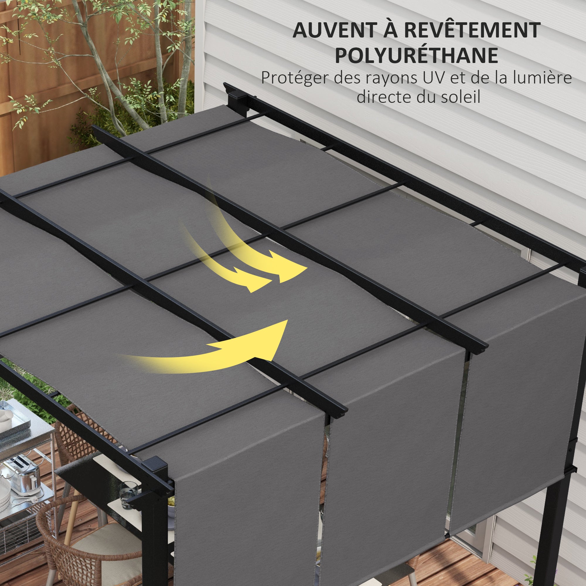 Solarias Pergola avec 3 toiles coulissantes 3L x 3l m structure métal époxy anticorrosion toile polyester gris