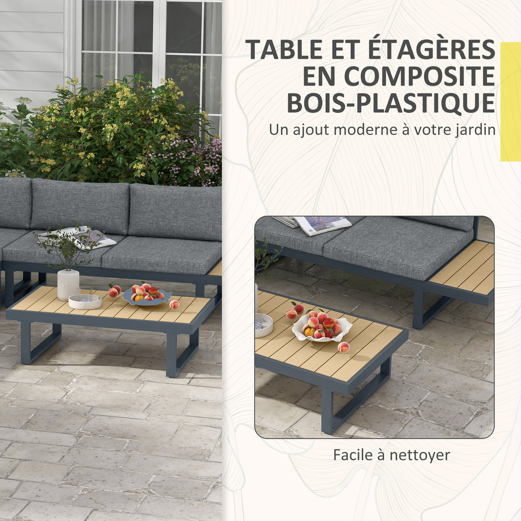 Solarias Ensemble salon de jardin d'angle design 5 places coussins table basse alu. gris anthracite et imitation bois